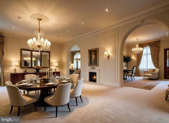 Chandelier, Dining room, Fireplace, Interior, Recessed Lighting