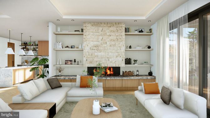 Fireplace, Interior, Living room, Pendant Lights, Recessed Lighting, Stone Walls