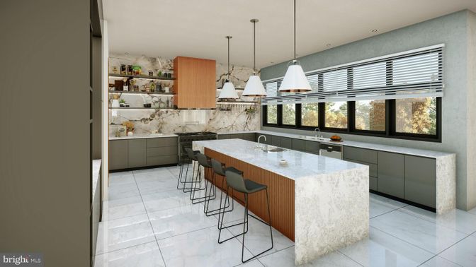 Interior, Kitchen, Marble Walls, Pendant Lights, Recessed Lighting