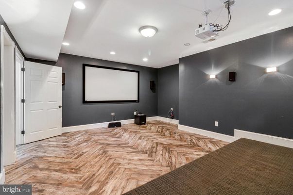 Empty room, Interior, Projection Screen, Recessed Lighting, Wood Texture Flooring