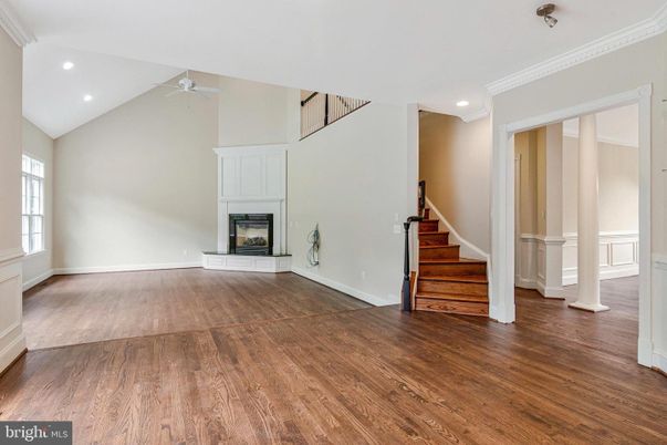 Empty room, Fireplace, Interior, Recessed Lighting, Wood Texture Flooring