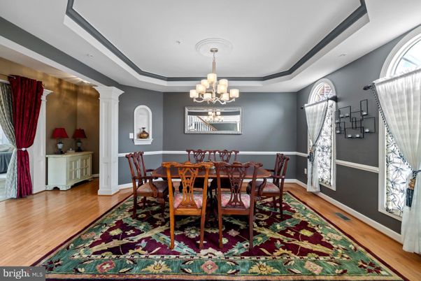 Chandelier, Dining room, Interior, Wood Texture Flooring