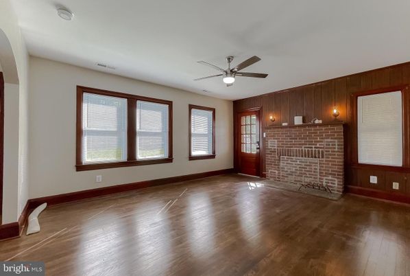 Empty room, Fireplace, Interior, Stone Walls, Wood Texture Flooring