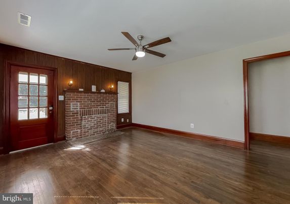 Empty room, Fireplace, Interior, Stone Walls, Wood Texture Flooring