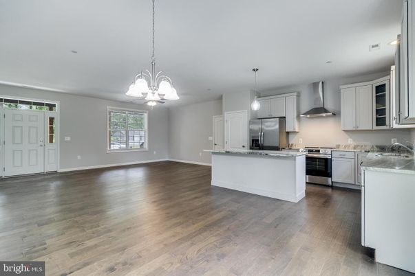 Empty room, Interior, Kitchen, Pendant Lights, Recessed Lighting, Stainless Steel Appliances, Wood Texture Flooring