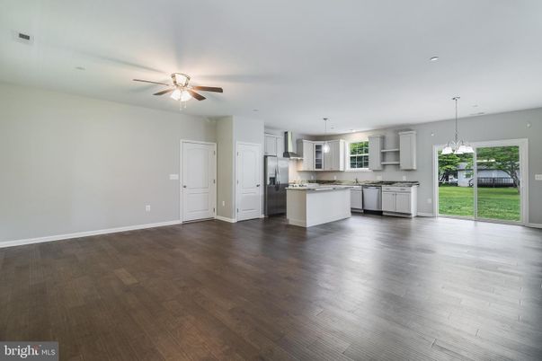 Chandelier, Empty room, Interior, Kitchen, Pendant Lights, Recessed Lighting, Wood Texture Flooring