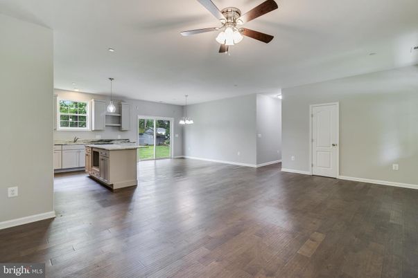 Chandelier, Empty room, Interior, Kitchen, Pendant Lights, Recessed Lighting, Wood Texture Flooring