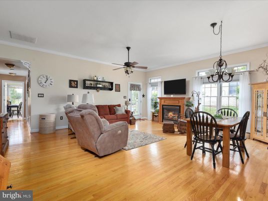 Chandelier, Dining room, Fireplace, Interior, Living room, Wood Texture Flooring