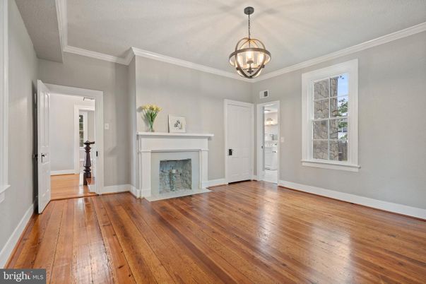 Empty room, Fireplace, Interior, Pendant Lights, Wood Texture Flooring
