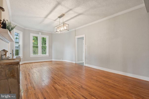 Empty room, Fireplace, Interior, Pendant Lights, Wood Texture Flooring
