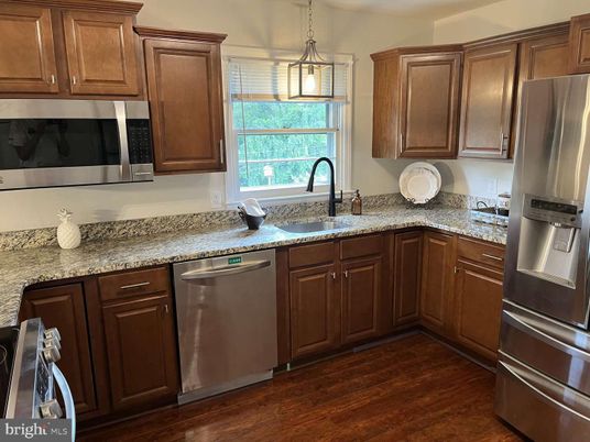 Interior, Kitchen, Pendant Lights, Stainless Steel Appliances, Wood Texture Flooring