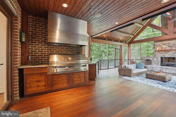 Fireplace, Interior, Living room, Recessed Lighting, Stone Walls, Wooden Ceilings, Wood Texture Flooring