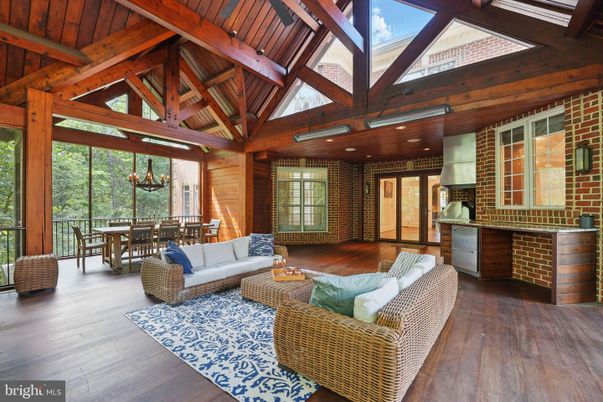 Chandelier, Dining room, Interior, Living room, Recessed Lighting, Stone Walls, Wooden Beams, Wooden Ceilings, Wood Texture Flooring, Wooden Walls