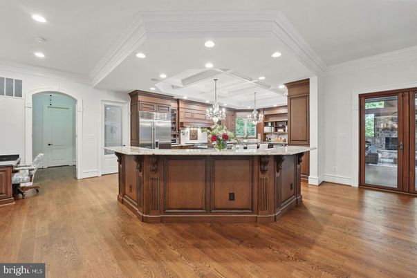 Chandelier, Interior, Kitchen, Recessed Lighting, Stainless Steel Appliances, Wood Texture Flooring