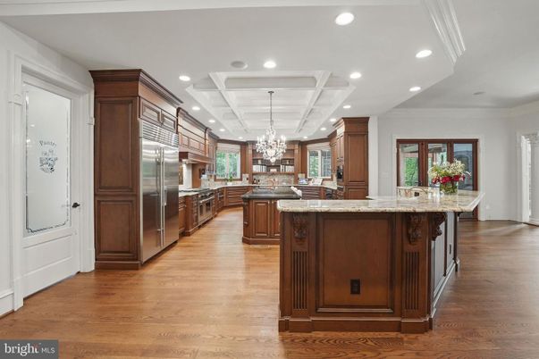 Chandelier, Interior, Kitchen, Recessed Lighting, Stainless Steel Appliances, Wood Texture Flooring
