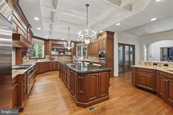 Chandelier, Interior, Kitchen, Recessed Lighting, Stainless Steel Appliances, Wood Texture Flooring