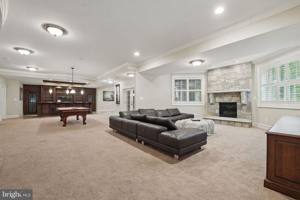 Billiard Table, Fireplace, Game Room, Interior, Living room, Pendant Lights, Recessed Lighting, Stone Walls