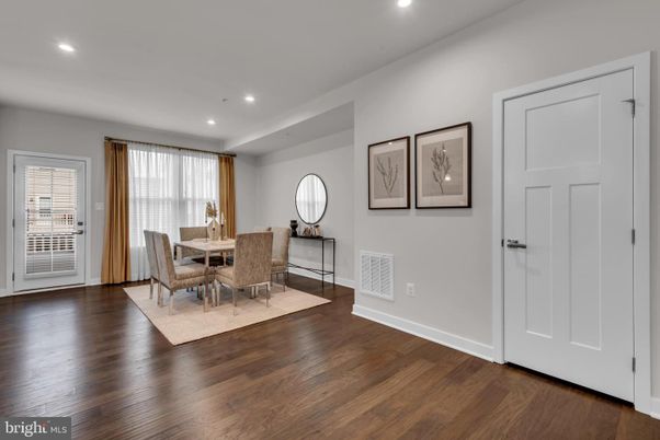 Dining room, Interior, Recessed Lighting, Wood Texture Flooring