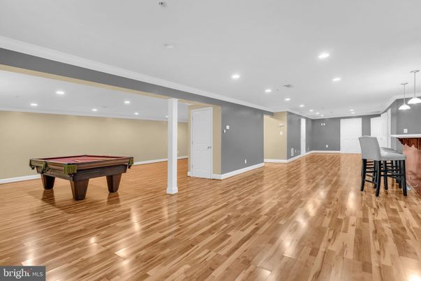 Billiard Table, Game Room, Interior, Pendant Lights, Recessed Lighting, Wood Texture Flooring