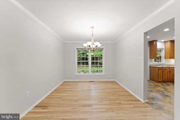 Chandelier, Empty room, Interior, Kitchen, Recessed Lighting, Wood Texture Flooring