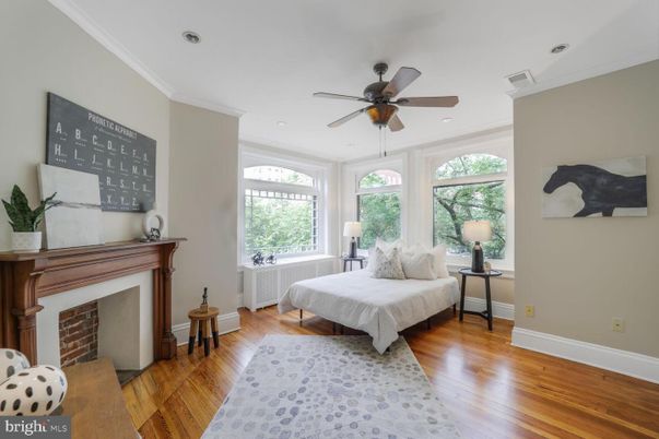 Bedroom, Fireplace, Interior, Recessed Lighting, Wood Texture Flooring