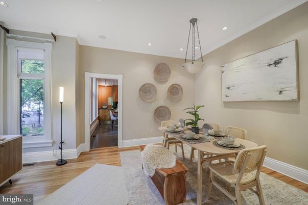 Dining room, Interior, Pendant Lights, Recessed Lighting, Wood Texture Flooring