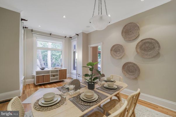 Dining room, Interior, Pendant Lights, Recessed Lighting, Wood Texture Flooring