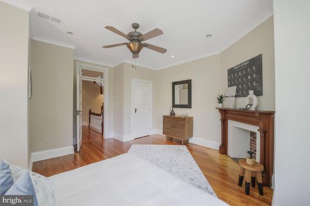 Bedroom, Fireplace, Interior, Recessed Lighting, Wood Texture Flooring