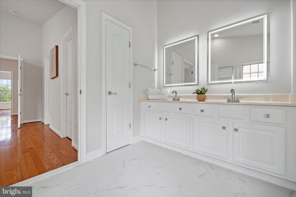 Bathroom, Dual Sink Vanities, Interior, Marble, Wood Texture Flooring