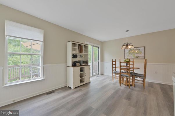 Dining room, Interior, Pendant Lights, Wood Texture Flooring