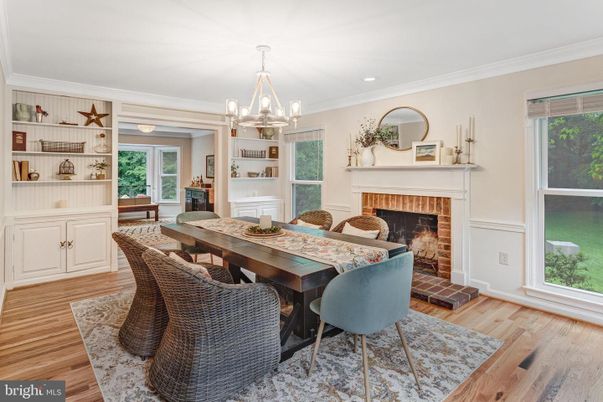 Chandelier, Dining room, Fireplace, Interior, Recessed Lighting, Wood Texture Flooring