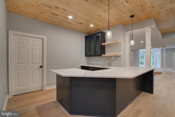 Interior, Kitchen, Pendant Lights, Recessed Lighting, Wooden Ceilings, Wood Texture Flooring