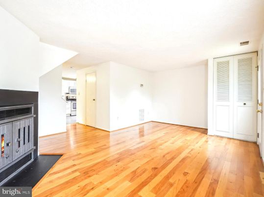 Empty room, Fireplace, Interior, Kitchen, Wood Texture Flooring