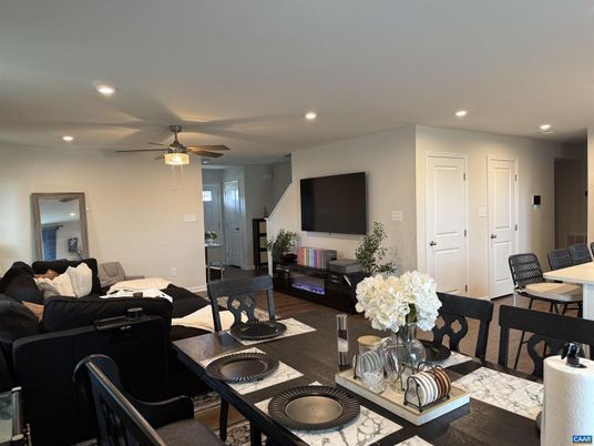 Dining room, Interior, Living room, Recessed Lighting, Wood Texture Flooring