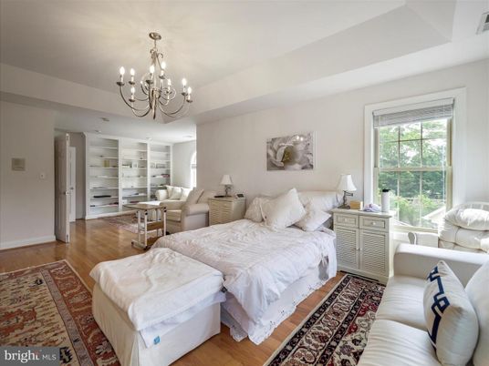 Bedroom, Chandelier, Interior, Wood Texture Flooring
