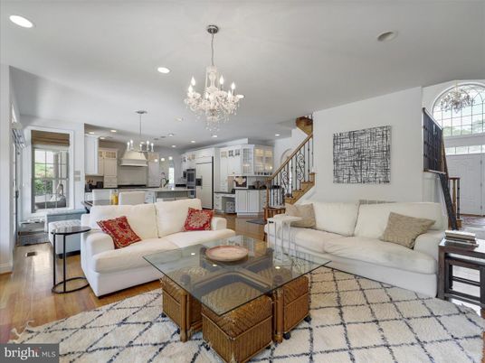 Chandelier, Interior, Kitchen, Living room, Pendant Lights, Recessed Lighting, Stainless Steel Appliances, Wood Texture Flooring