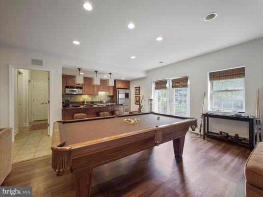 Billiard Table, Game Room, Interior, Kitchen, Recessed Lighting, Wood Texture Flooring