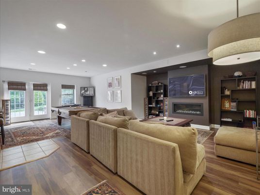 Billiard Table, Fireplace, Game Room, Interior, Living room, Recessed Lighting, Wood Texture Flooring