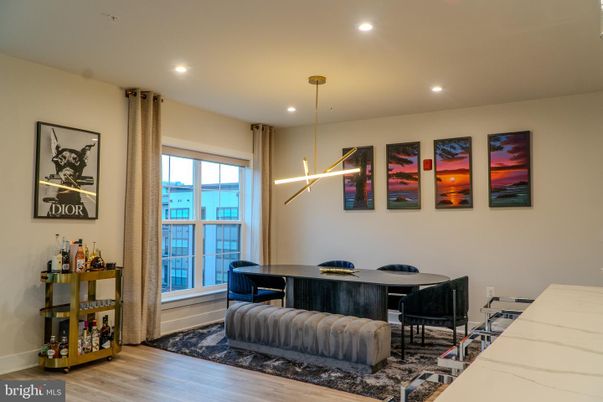 Dining room, Interior, Pendant Lights, Recessed Lighting, Wood Texture Flooring