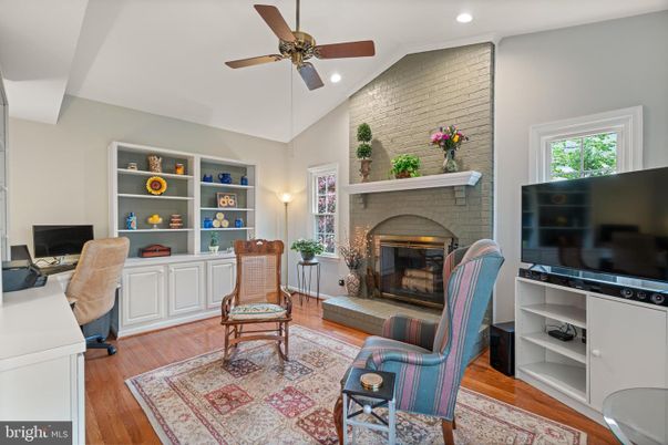 Fireplace, Home Office, Interior, Recessed Lighting, Stone Walls, Wood Texture Flooring