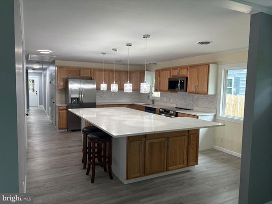 Interior, Kitchen, Pendant Lights, Stainless Steel Appliances, Wood Texture Flooring
