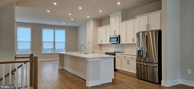 Interior, Kitchen, Recessed Lighting, Stainless Steel Appliances, Water, Wood Texture Flooring