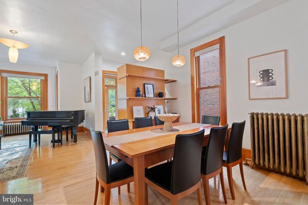 Dining room, Interior, Pendant Lights, Piano, Recessed Lighting, Wood Texture Flooring
