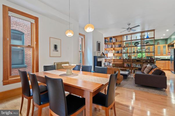 Dining room, Fireplace, Interior, Living room, Pendant Lights, Recessed Lighting, Wood Texture Flooring