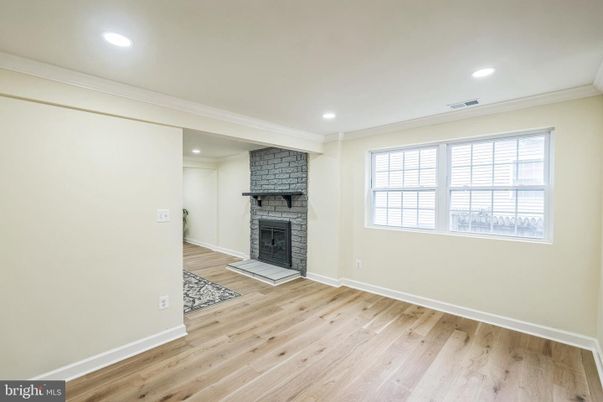 Empty room, Fireplace, Interior, Recessed Lighting, Wood Texture Flooring