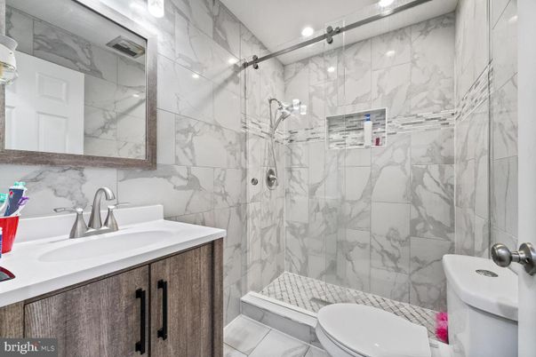 Bathroom, Glass Shower, Interior, Marble Walls, Recessed Lighting