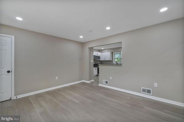 Empty room, Interior, Kitchen, Recessed Lighting, Wood Texture Flooring