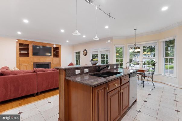 Dining room, Fireplace, Interior, Kitchen, Living room, Pendant Lights, Recessed Lighting, Wood Texture Flooring