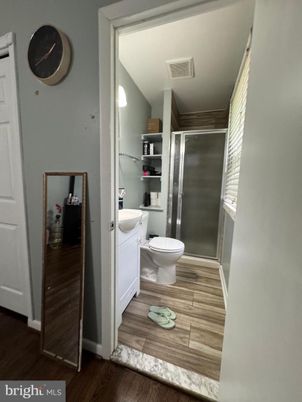 Bathroom, Glass Shower, Interior, Wood Texture Flooring