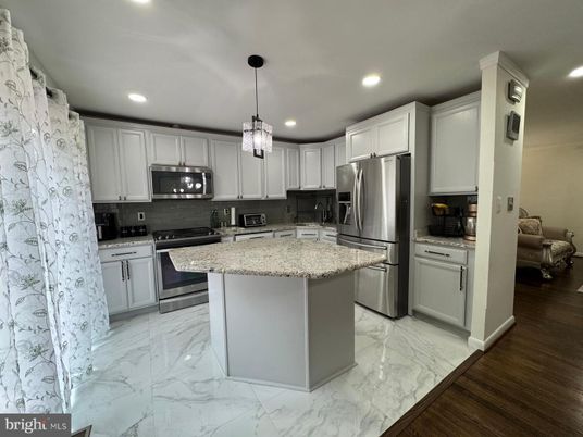 Interior, Kitchen, Marble, Pendant Lights, Recessed Lighting, Stainless Steel Appliances